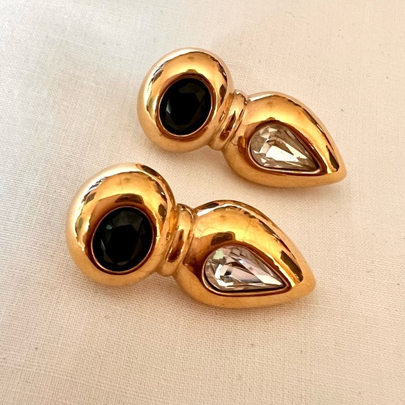 Vintage Swarovski Crystal SAL Gold Plated Earrings Black & Clear Crystals EUC - Picture 1 of 11
